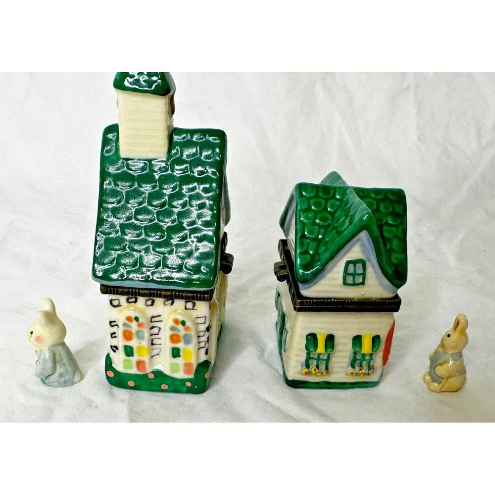 Trinket Box Church Flower Shop Bunny Rabbit Set 2 Mini Ceramic Lid Opens
